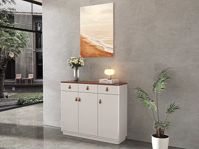 Modern White Shoe Cabinet With Drawers Doors Top Vase Lamp And Potted Plant Interior 3d model