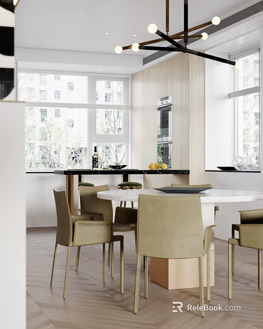 Modern Dining Room Kitchen Interior With Round Table Beige Chairs Large Windows and Appliances 3d model