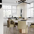 Modern Dining Room Kitchen Interior With Round Table Beige Chairs Large Windows and Appliances 3d model