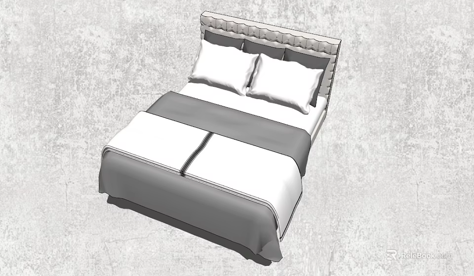 Double Bed With Upholstered Headboard Two Pillows And White Gray Bedding 3d model 