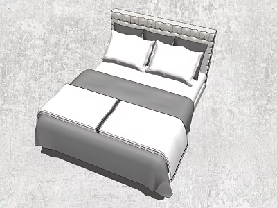 Double Bed With Upholstered Headboard Two Pillows And White Gray Bedding 3d model