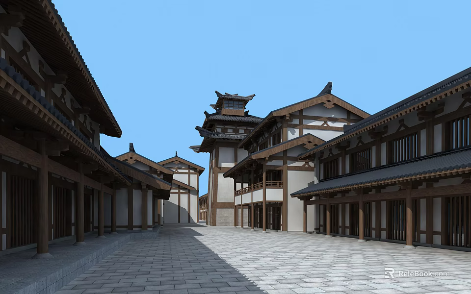 Ancient Architecture Traditional Courtyard With Classic Roof Stone Path And Wooden Structures 3d model 