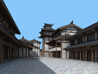 Ancient Architecture Traditional Courtyard With Classic Roof Stone Path And Wooden Structures 3d model