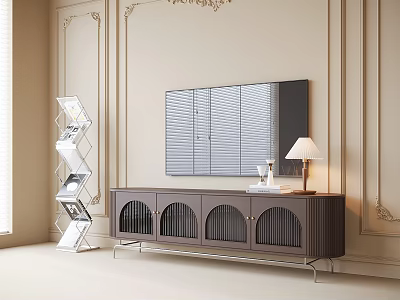 Elegant Modern Dark TV Stand Featuring Arched Doors Metal Legs Table Lamp And Beige Wall 3d model