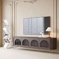 Elegant Modern Dark TV Stand Featuring Arched Doors Metal Legs Table Lamp And Beige Wall