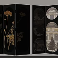 Two Panel Chinese Room Divider Screen With Gold Floral Patterns And Circular Architectural Tree Designs 3d model