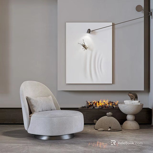 Beige Single Sofa in Living Room with Fireplace Flames White Painting Lamp and Stone Decorations 3d model 