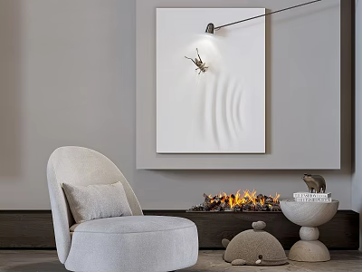 Beige Single Sofa in Living Room with Fireplace Flames White Painting Lamp and Stone Decorations 3d model