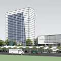 Modern Glass Office Building with Surrounding Greenery Public Square and Pedestrian Areas