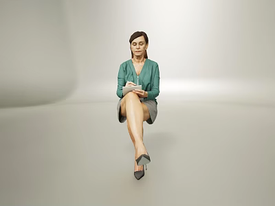 Woman Sitting in Light Background Wearing Green Top Gray Skirt Holding Notebook and High Heels 3d model