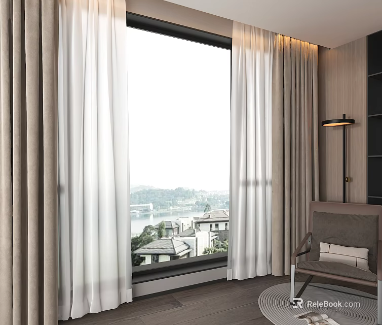 Layered White Sheer and Beige Curtains in Modern Living Room with Large Window Overlooking Scenic Buildings 3d model 