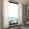 Layered White Sheer and Beige Curtains in Modern Living Room with Large Window Overlooking Scenic Buildings