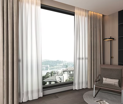 Layered White Sheer and Beige Curtains in Modern Living Room with Large Window Overlooking Scenic Buildings 3d model