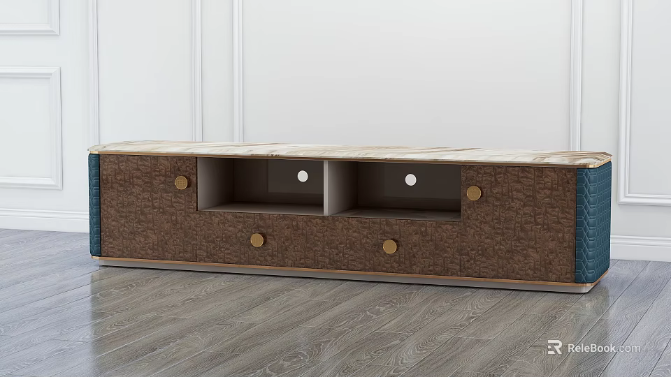 Modern TV Stand With Woven Texture Wooden Frame Drawers And Gold Circular Handles 3d model 