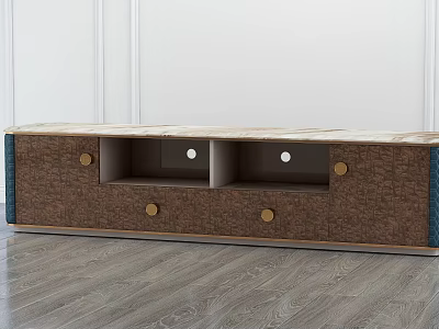 Modern TV Stand With Woven Texture Wooden Frame Drawers And Gold Circular Handles 3d model