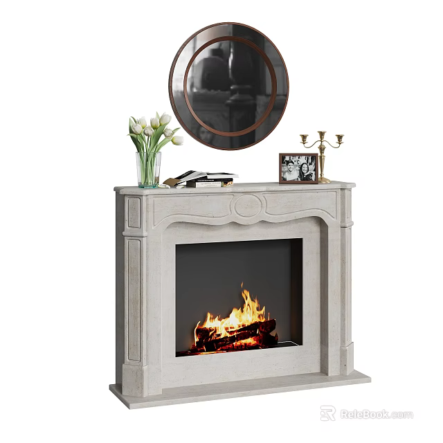 White Fireplace with Burning Fire and Decorative Elements Round Mirror Vase and Photo Frame 3d model 