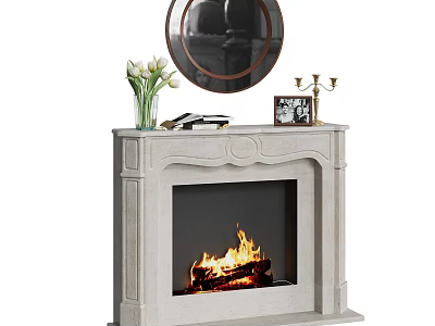 White Fireplace with Burning Fire and Decorative Elements Round Mirror Vase and Photo Frame 3d model