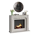 White Fireplace with Burning Fire and Decorative Elements Round Mirror Vase and Photo Frame
