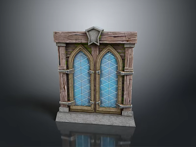 Medieval Wooden Door With Double Arched Blue Glass Metal Accents Star Top And Stone Base 3d model