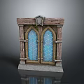 Medieval Wooden Door With Double Arched Blue Glass Metal Accents Star Top And Stone Base