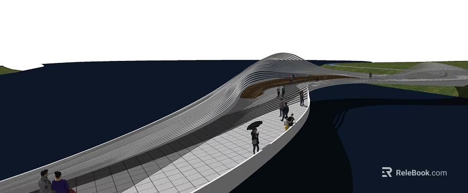 Modern Garden Feature Wavy Roof Bridge With Paved Path And People Walking 3d model 