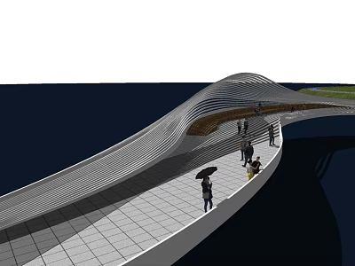 Modern Garden Feature Wavy Roof Bridge With Paved Path And People Walking 3d model