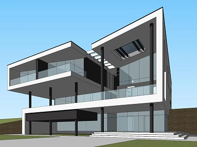 Modern Two Story Detached Villa Exterior With Large Glass Windows And Balconies 3d model