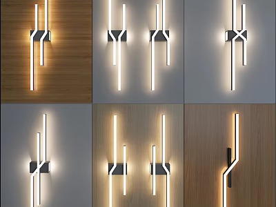 Modern Wall Lamps With Sleek Lines And Various Designs On Wooden Gray Walls 3d model