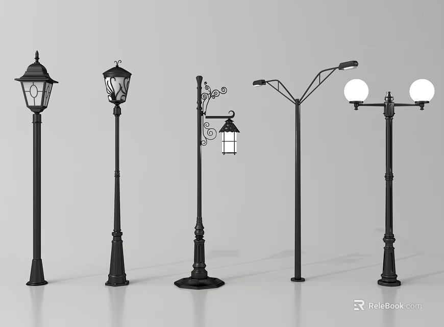 Black Outdoor Lights With Various Classic Designs And Stylish Lamp Posts 3d model 