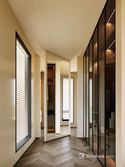 Elegant Modern Walk-in Closet Interior With Glass Doors Open Storage And Blinds 3d model 