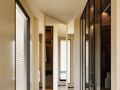 Elegant Modern Walk-in Closet Interior With Glass Doors Open Storage And Blinds 3d model