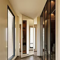 Elegant Modern Walk-in Closet Interior With Glass Doors Open Storage And Blinds