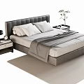 Modern Double Bed with Black Headboard White Pillows Gray Blanket Nightstands Lamp Clock and Plant
