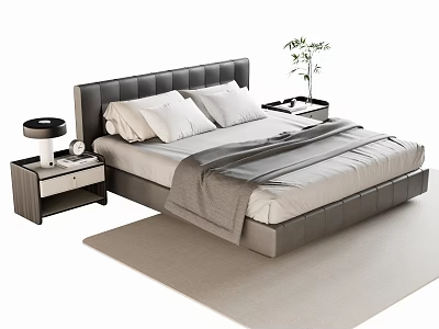 Modern Double Bed with Black Headboard White Pillows Gray Blanket Nightstands Lamp Clock and Plant 3d model