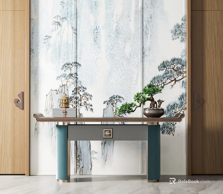 Traditional Chinese Console Table With Wooden Frame Blue Legs Bonsai And Landscape Screen 3d model 