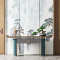 Traditional Chinese Console Table With Wooden Frame Blue Legs Bonsai And Landscape Screen