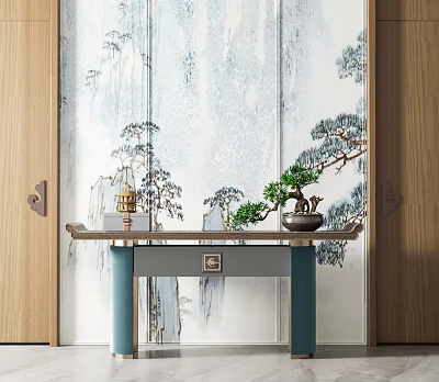 Traditional Chinese Console Table With Wooden Frame Blue Legs Bonsai And Landscape Screen 3d model