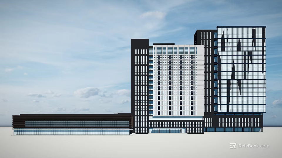 Modern High Rise Office Building With Glass Curtain Wall And Blue Sky White Clouds Background 3d model 