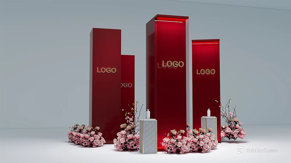 Red Display Pillars With Logo Pink Flower Bouquets And White Bottles Photo Check In Spot 3d model 