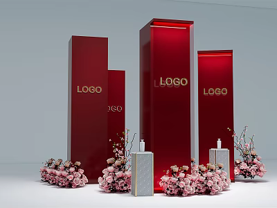 Red Display Pillars With Logo Pink Flower Bouquets And White Bottles Photo Check In Spot 3d model