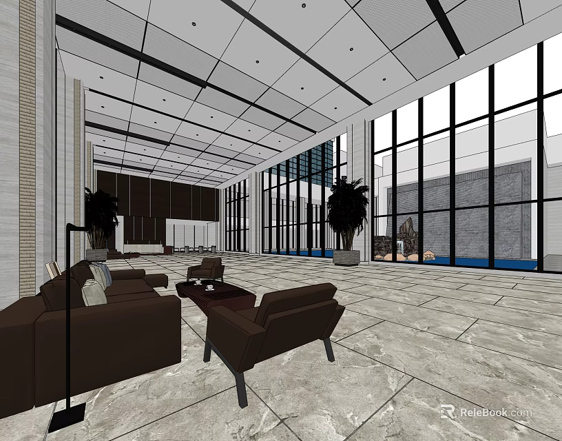 Modern Front Desk Reception Area With Brown Sofas Large Windows Potted Plants And Marble Flooring 3d model