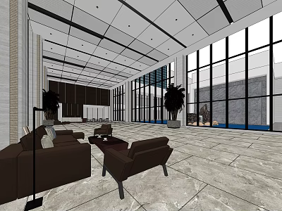 Modern Front Desk Reception Area With Brown Sofas Large Windows Potted Plants And Marble Flooring 3d model