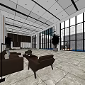 Modern Front Desk Reception Area With Brown Sofas Large Windows Potted Plants And Marble Flooring 3d model