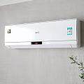 Modern White Wall Mounted Air Conditioner Fan with Temperature Display on Gray Wall