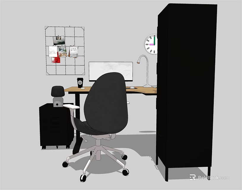 Modern Office Desk With Black Chair Monitor Lamp Grid Wall Clock And Filing Cabinet 3d model 