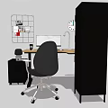 Modern Office Desk With Black Chair Monitor Lamp Grid Wall Clock And Filing Cabinet