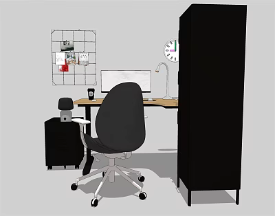 Modern Office Desk With Black Chair Monitor Lamp Grid Wall Clock And Filing Cabinet 3d model