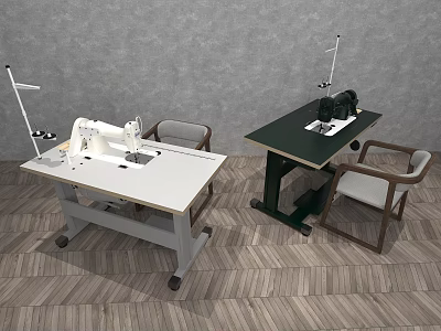 Modern Sewing Workspace With Two Sewing Machines On Worktables And Chairs 3d model