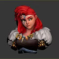 3D Fantasy Character Model With Red Hair Feather Shoulder Decor And Horn Accessories