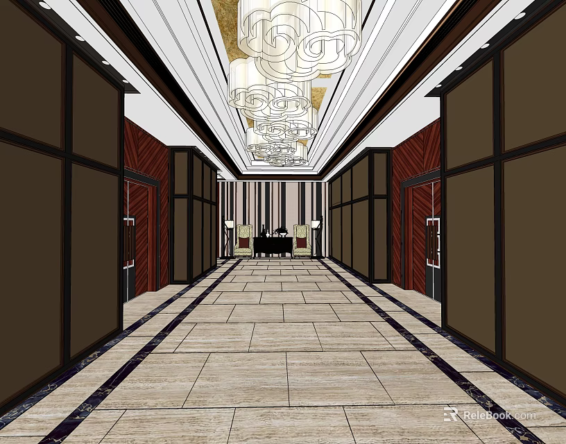 Elevator Hallway Interior Design With Elegant Chandeliers And Marble Floor Tiles 3d model